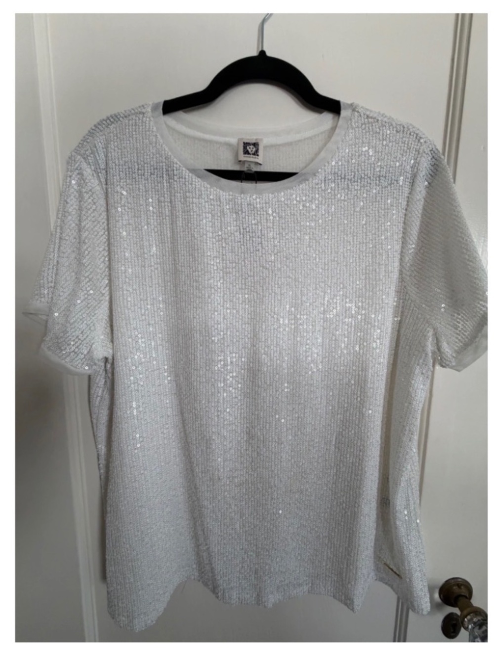 Anne Klein blouse, white sequin, short sleeve, size XL